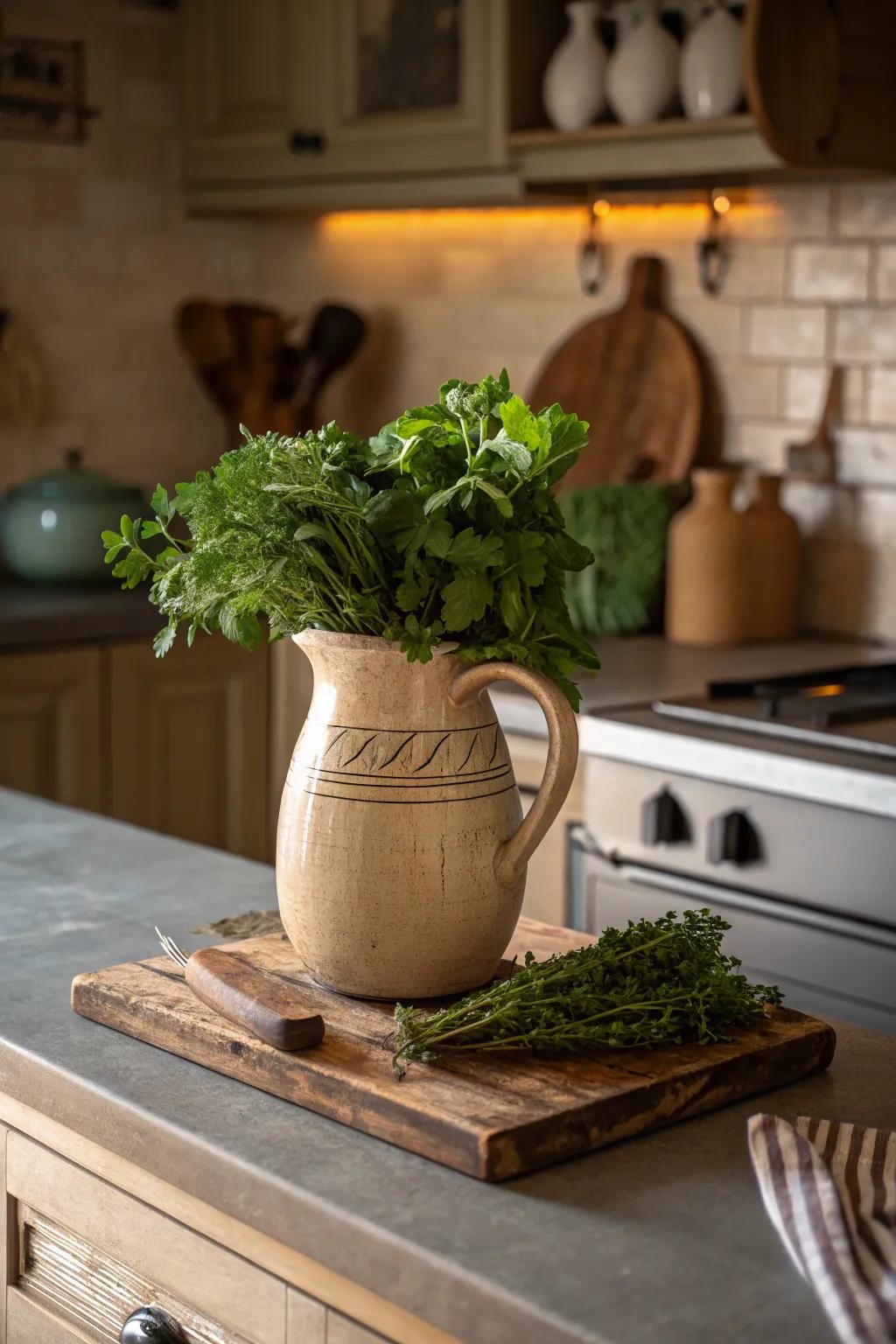 Pottery jugs deliver countryside sophistication to any cooking space.