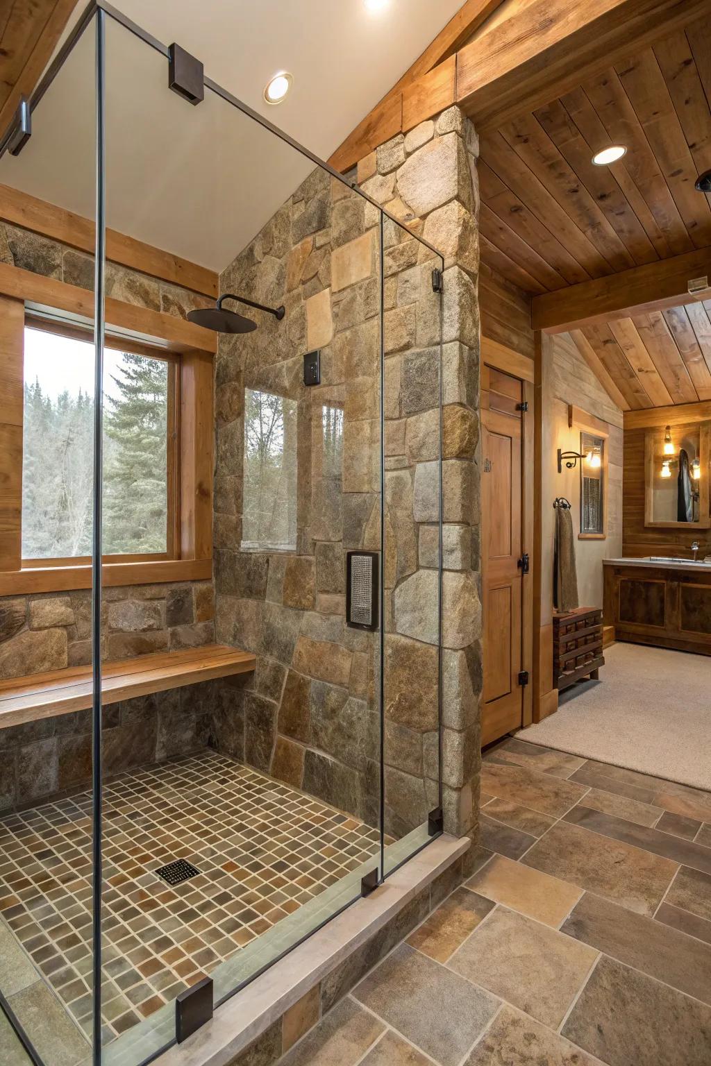 Glass surrounds highlight your shower's rustic charm.