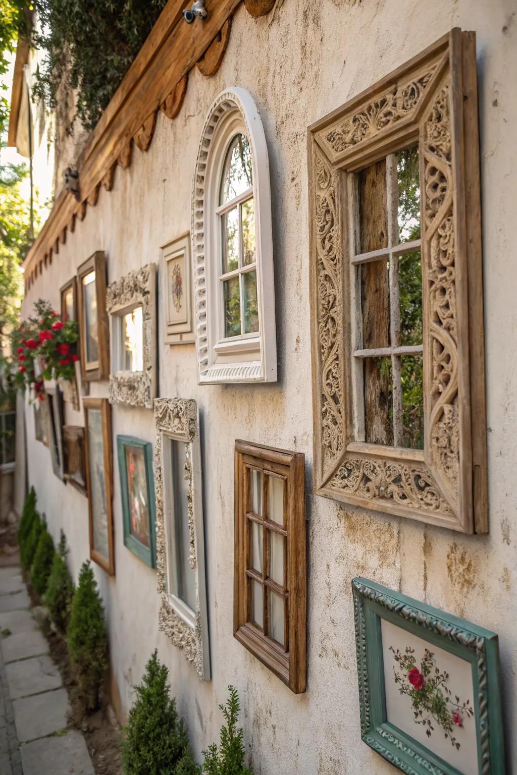 Antique window frames repurposed as distinctive and charming wall decor.
