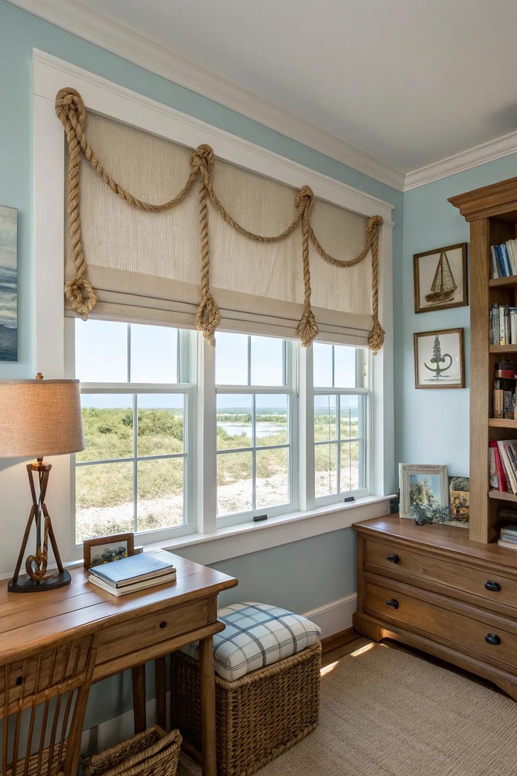 A seaside-inspired study featuring a country valance with cord accents, introducing a marine allure.