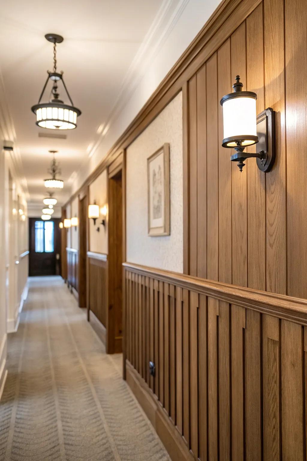 Vertical boards add a traditional and sophisticated touch to any hallway.