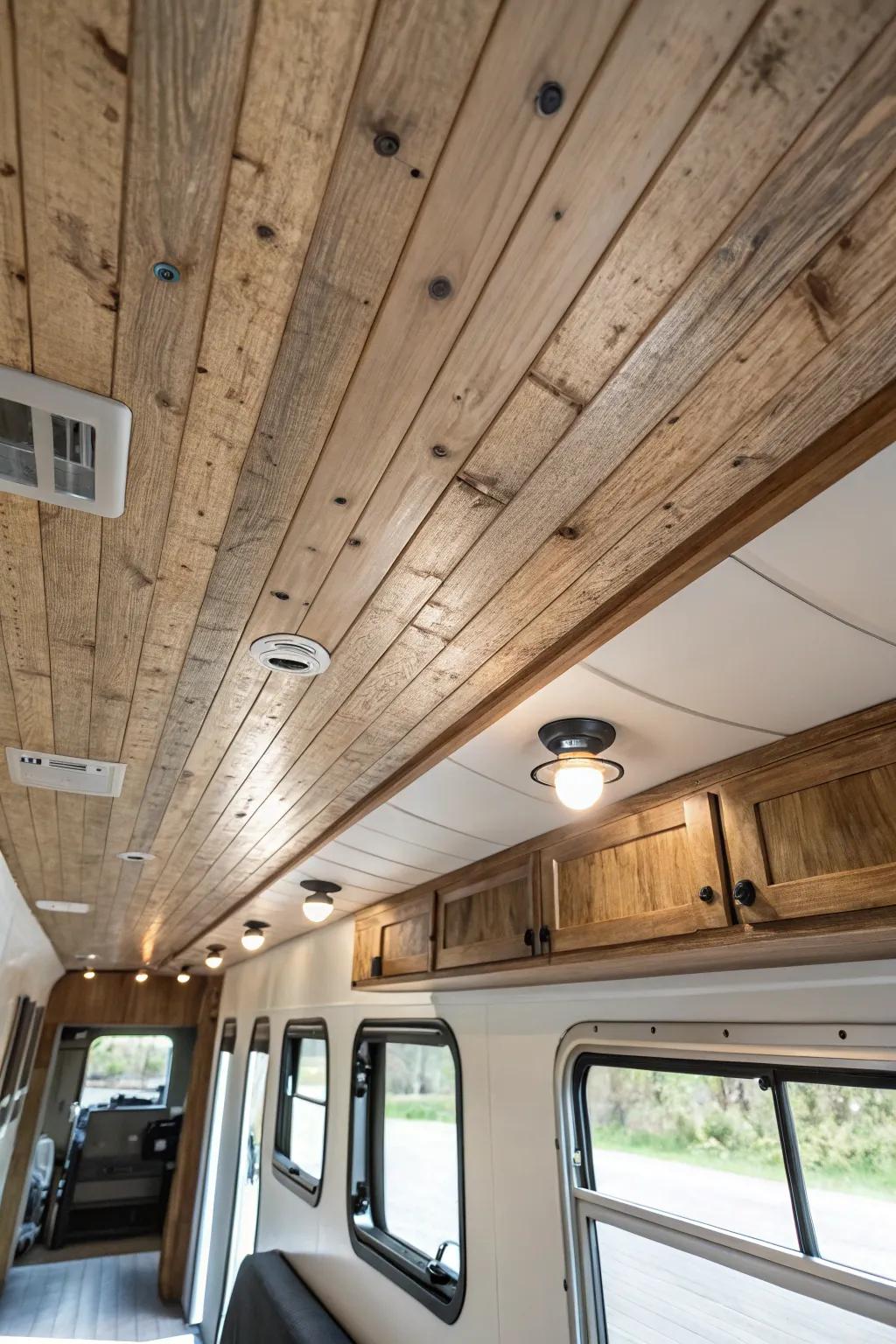 Shiplap ceilings infuse your RV with a dash of rustic elegance.
