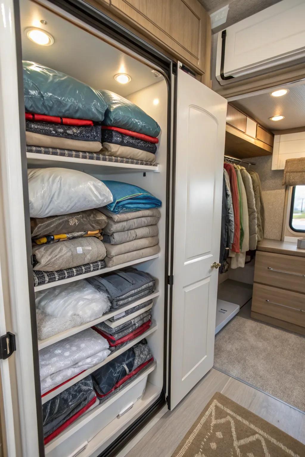 Compression bags provide space-efficient storage for seasonal clothing in an RV closet.