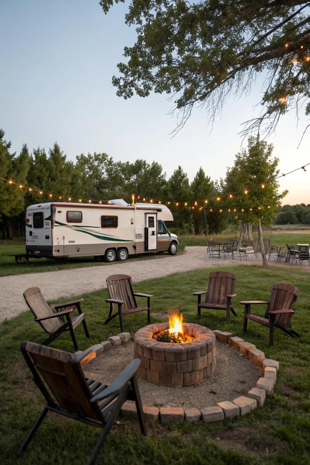 A fire pit offers warmth and a central gathering place.