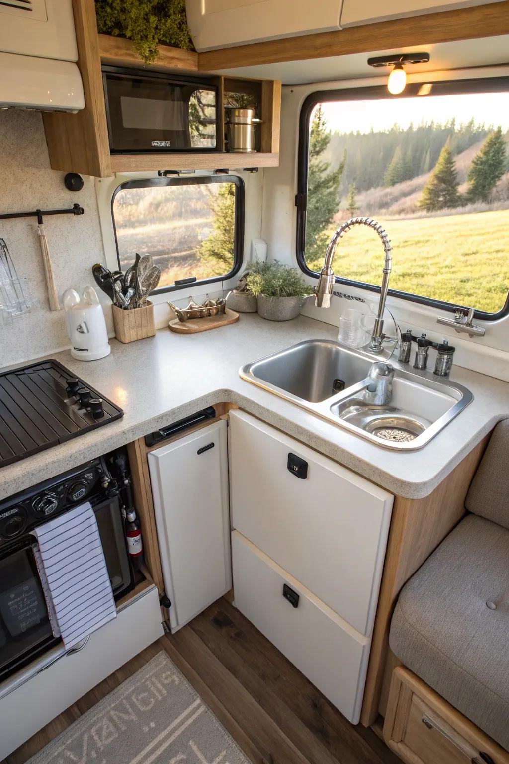 An angled sink configuration effectively using space.