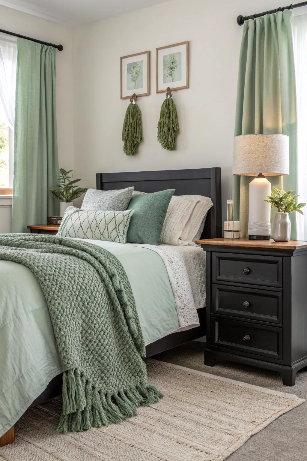 Dark hued furnishings enrich depth and class to a bedroom featuring verdant tint.