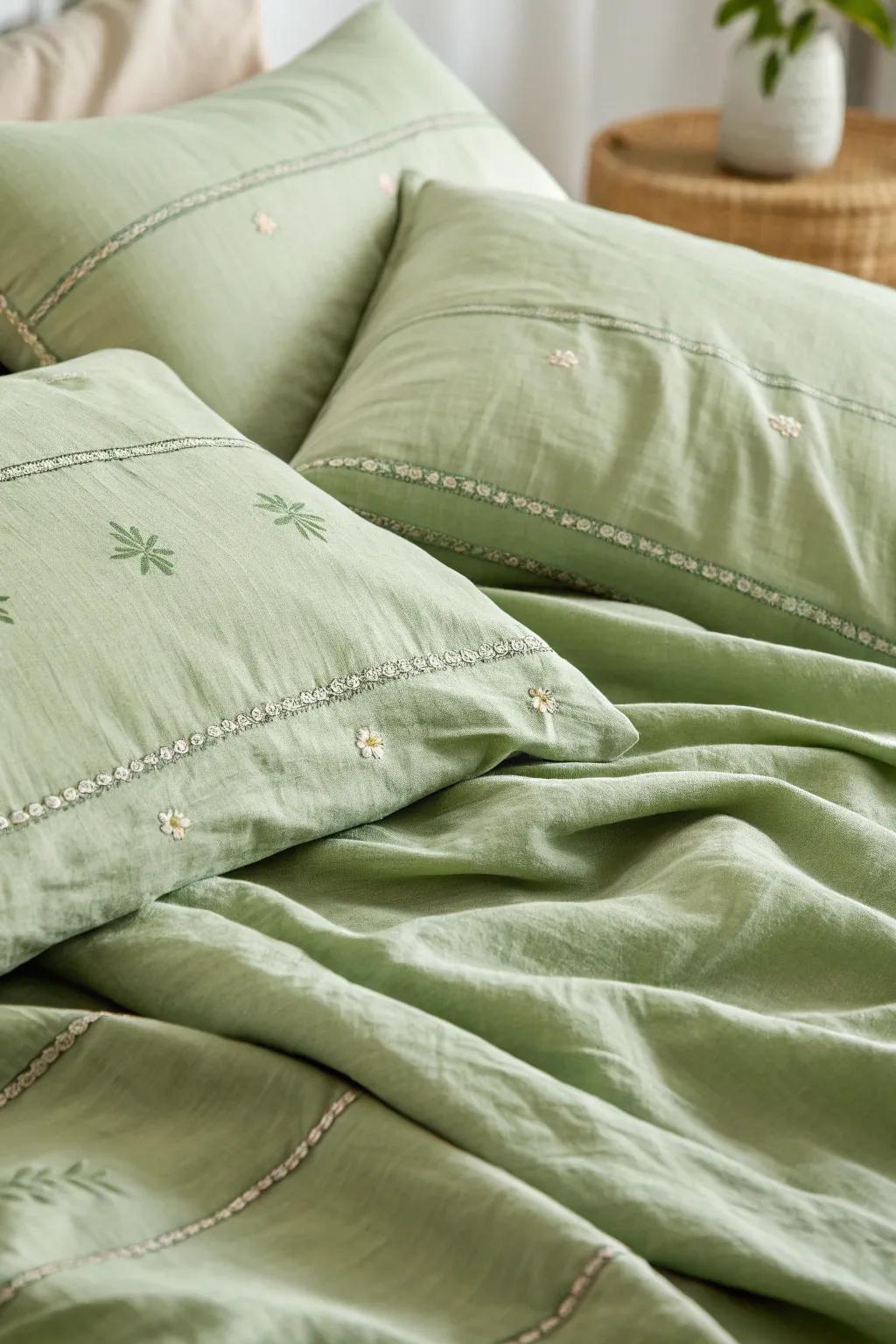 Using delicate gentle green textures will turn your bedroom into a comfortable sanctuary.