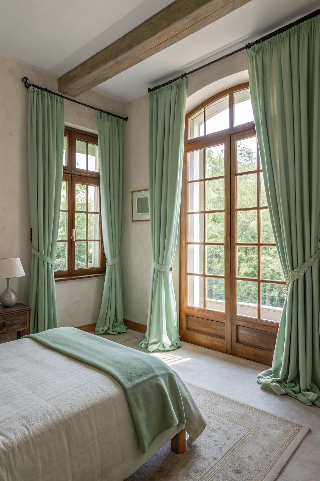 Sage green curtains beautifully frame windows, amplifying the room’s serene atmosphere.