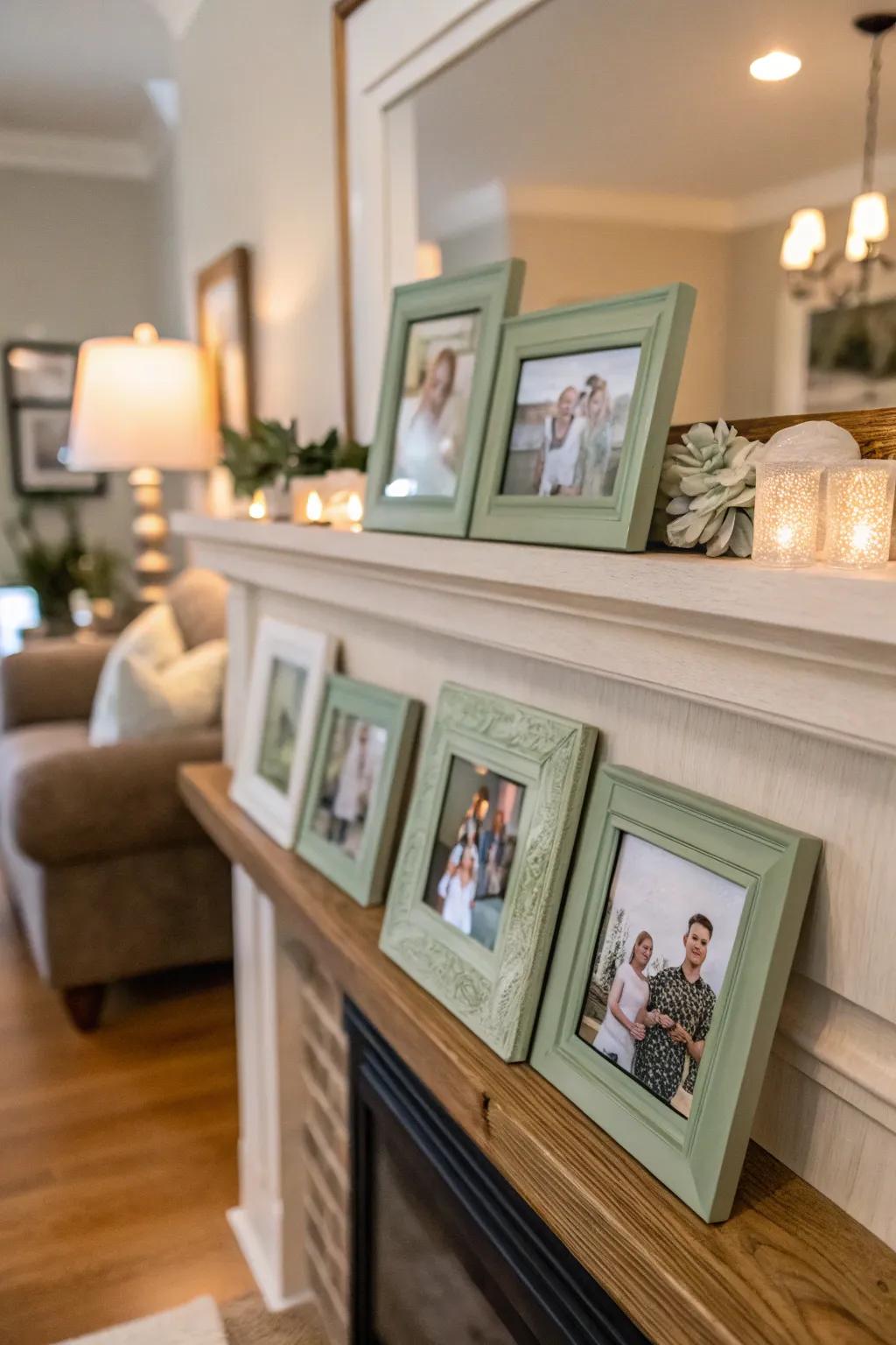 Sage green frames showcase cherished memories with elegance.