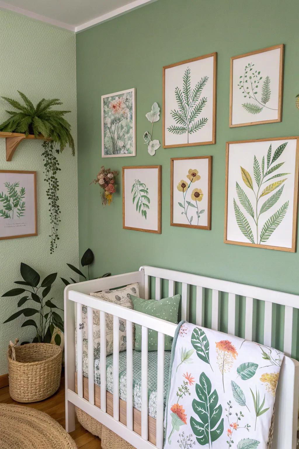 Nature-inspired wall art enriches the soothing theme of a verdant mist nursery.