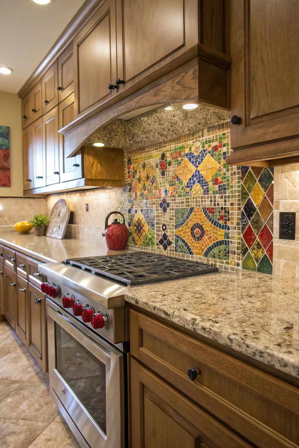Mosaic tiles creatively enhance the elegance of Golden Cascade granite.