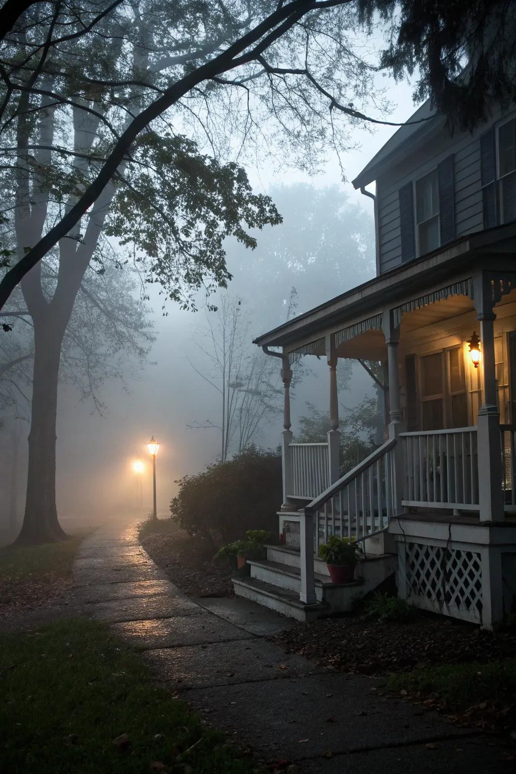 Haze rolls over a softly lighted porch, adding a mysterious atmosphere.