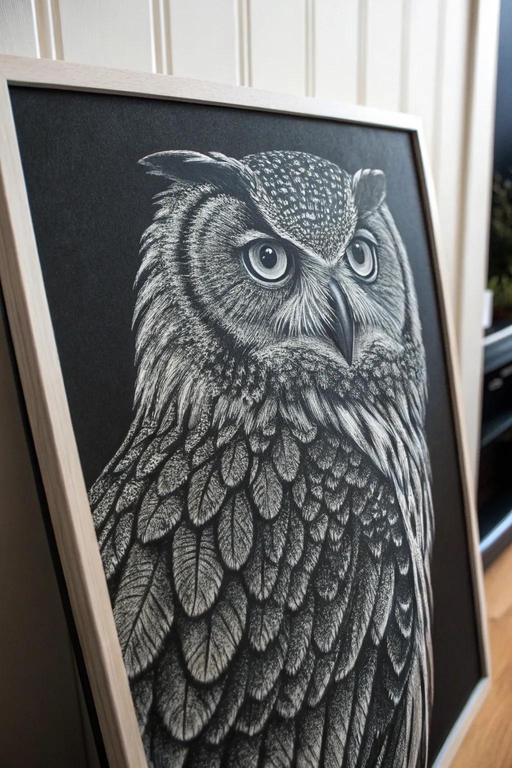 Discover the mystical allure of owls through intricately detailed scratchboard art, where craftsmanship meets natural beauty.