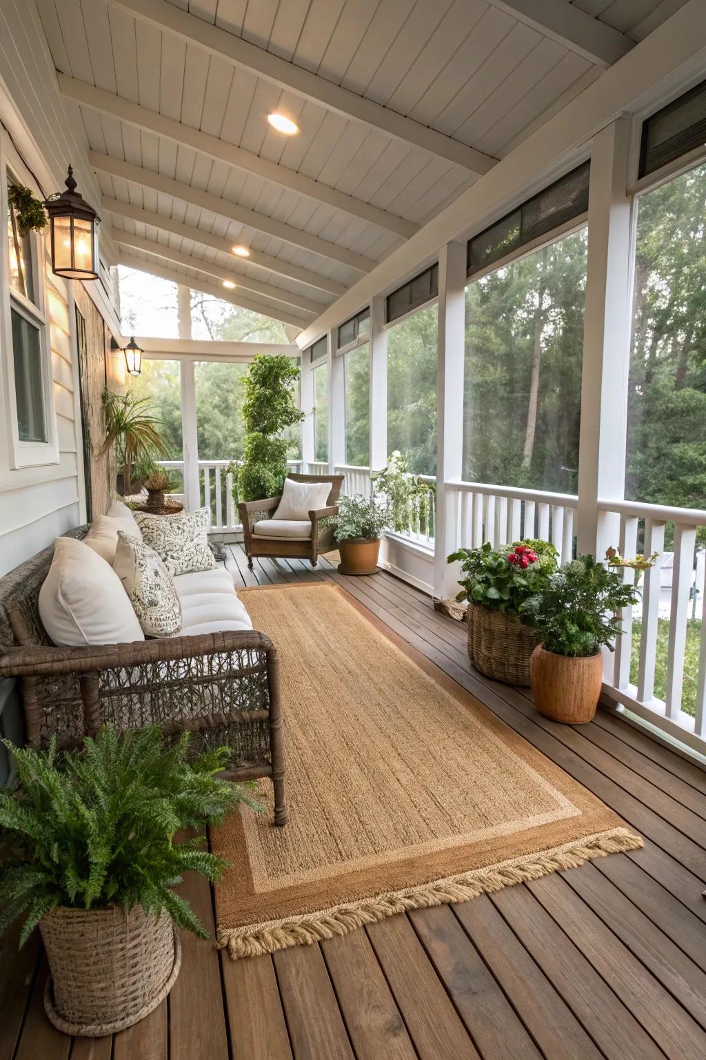 A natural fiber rug adds texture and warmth to the porch.