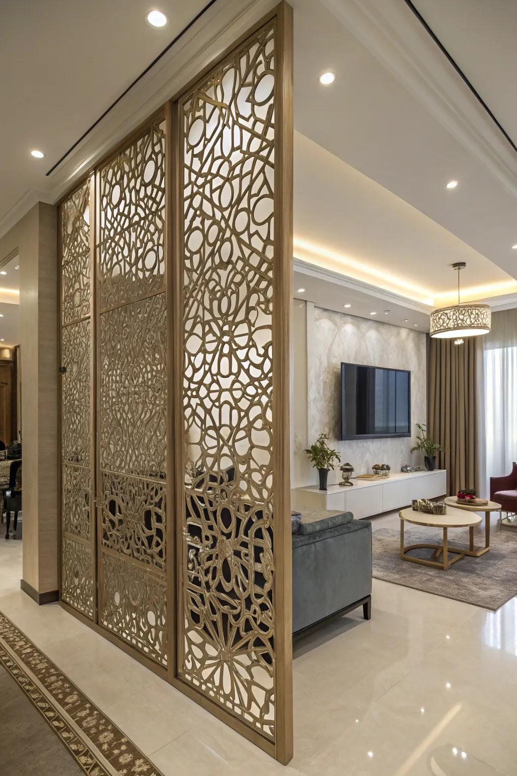Complex laser-cut motifs decorate this ornamental insert screen wall.