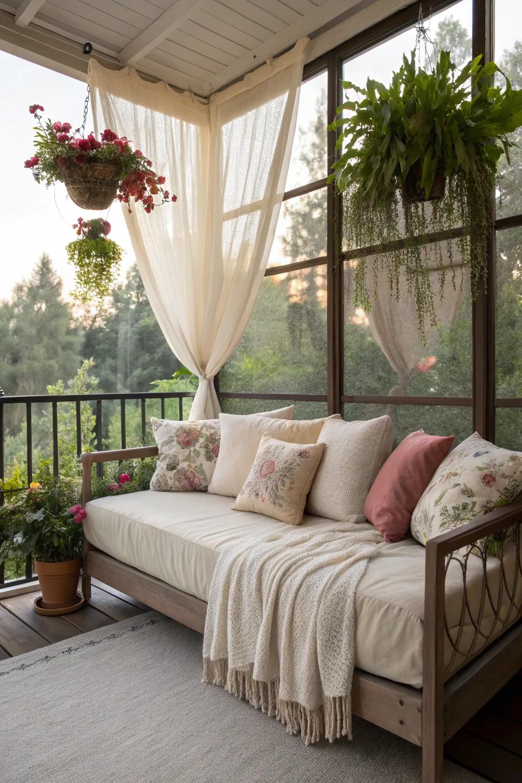 A peaceful daybed set in a serene lanai.