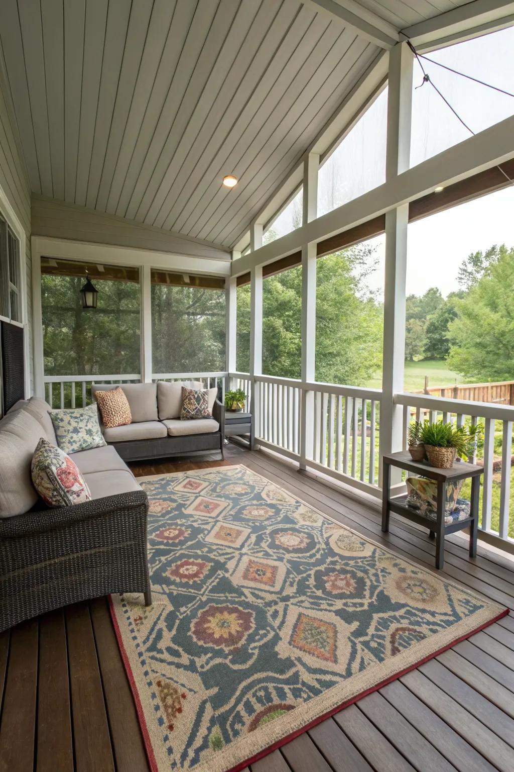 An area rug defines and warms the porch space.