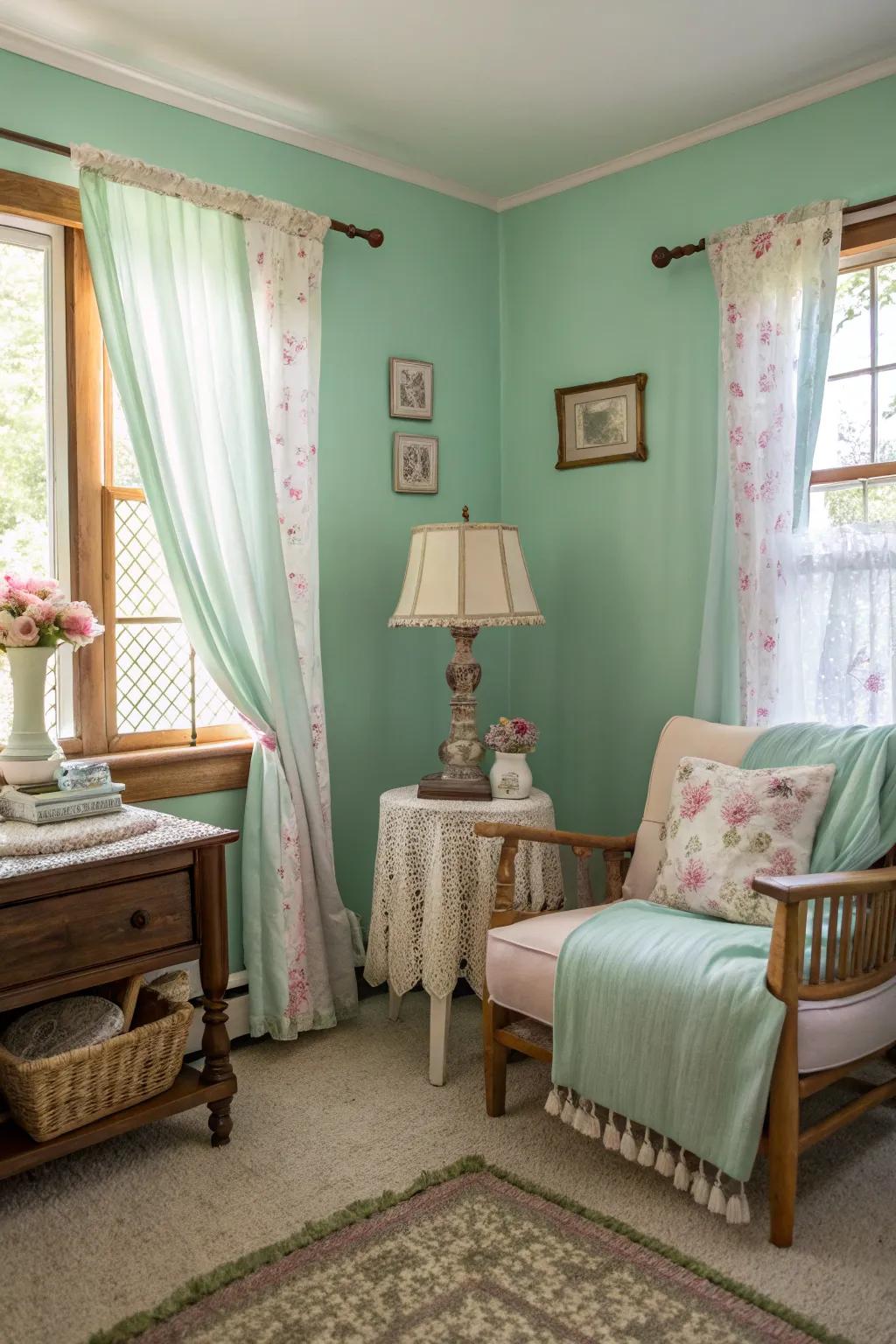 A vintage-themed room displaying alluring seafoam green walls.