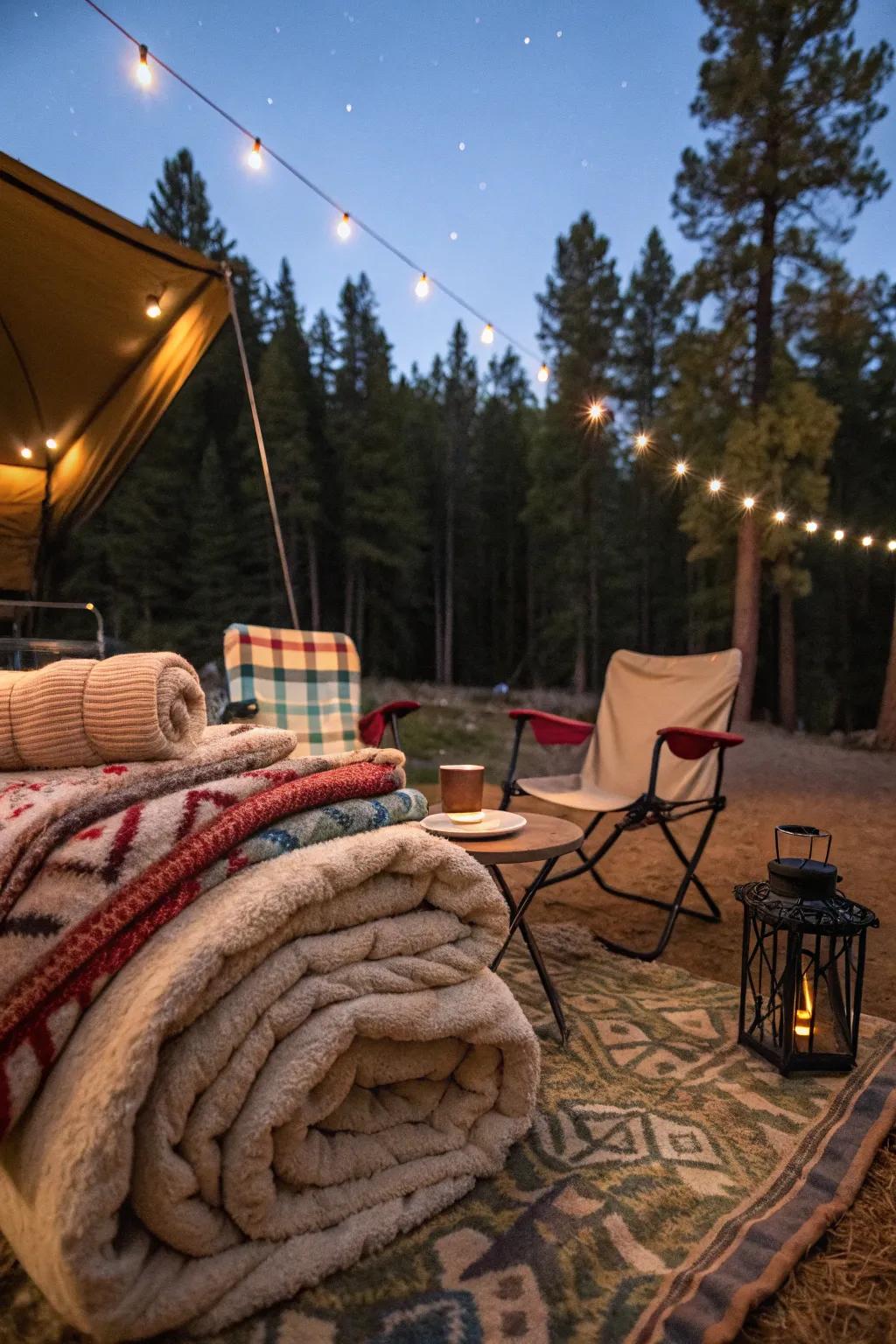 Layered textiles ensure a comfortable campsite ambiance.