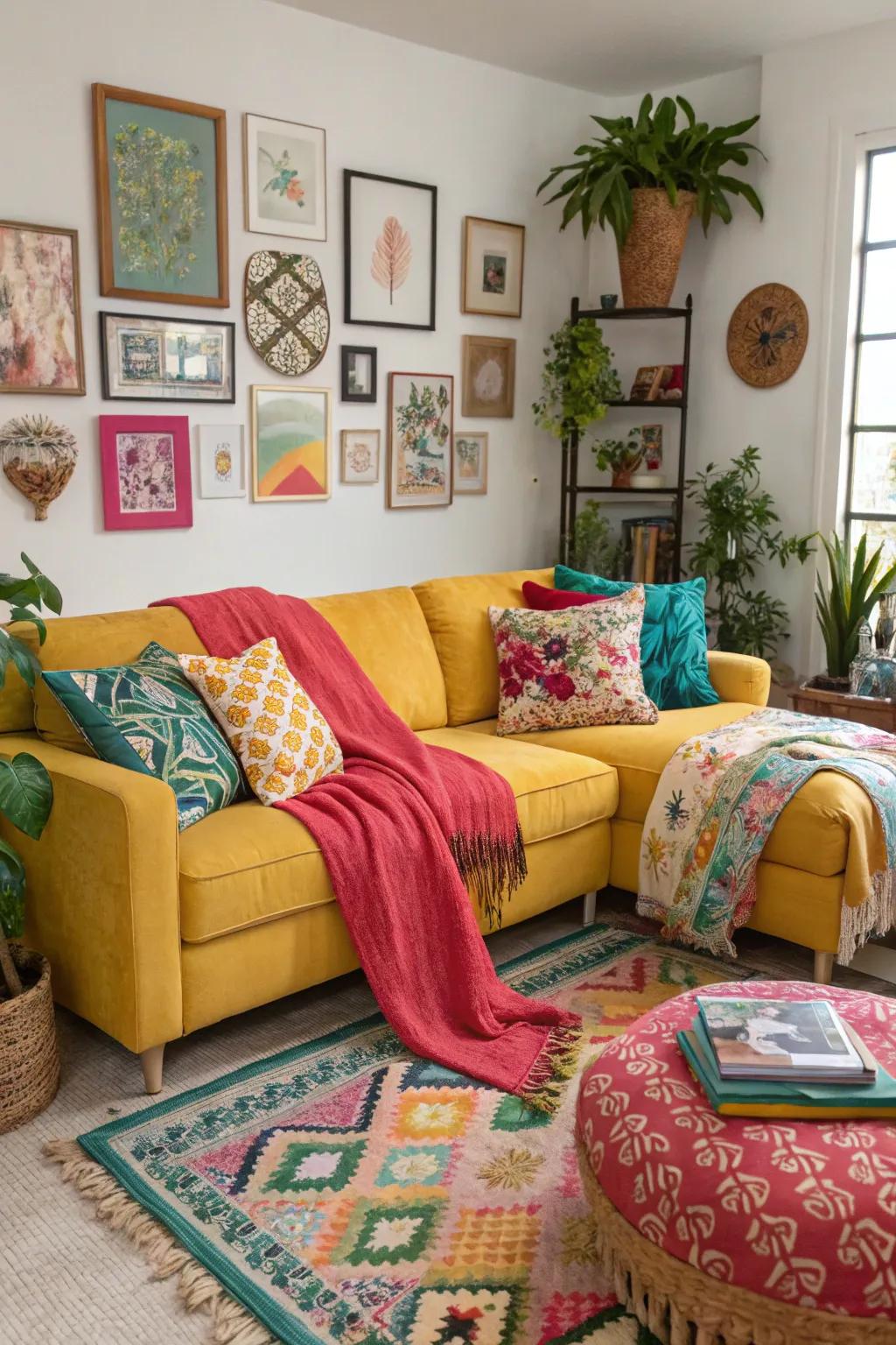Brightly colored sectionals can act as the focal point in a vibrant living room.