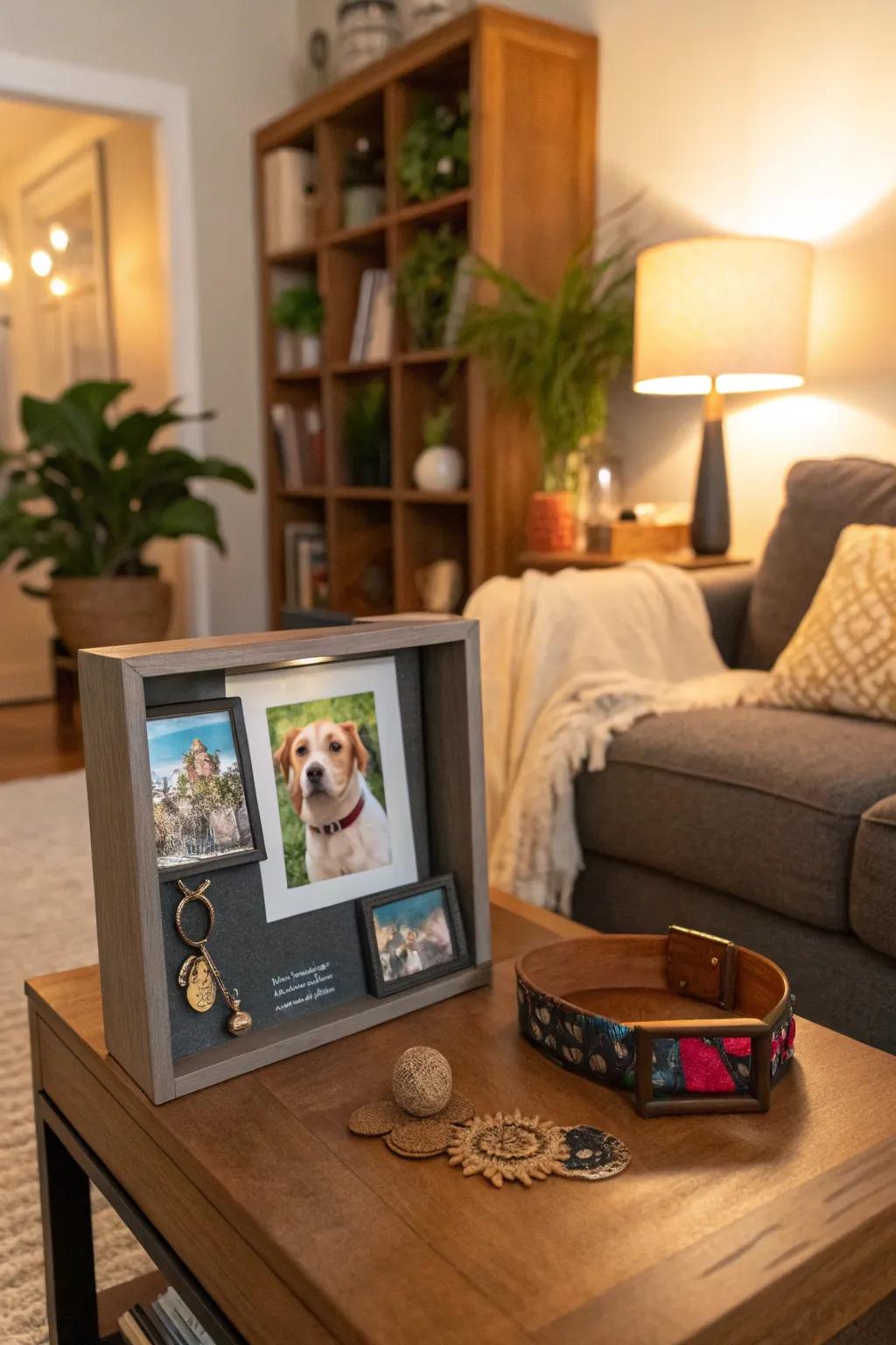 A pet remembrance display honoring a beloved furry friend.