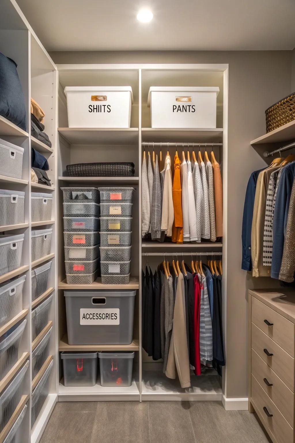 A wardrobe featuring clearly labeled sections and containers for methodical storage.