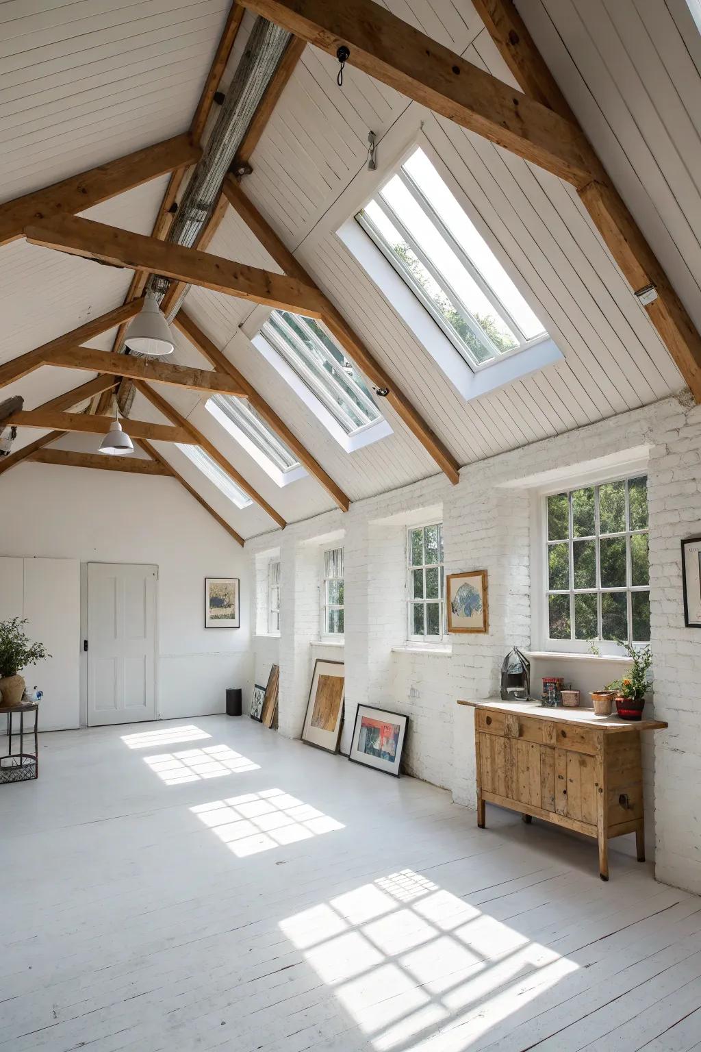 A radiant studio illuminated by skylights in the shed ceiling.