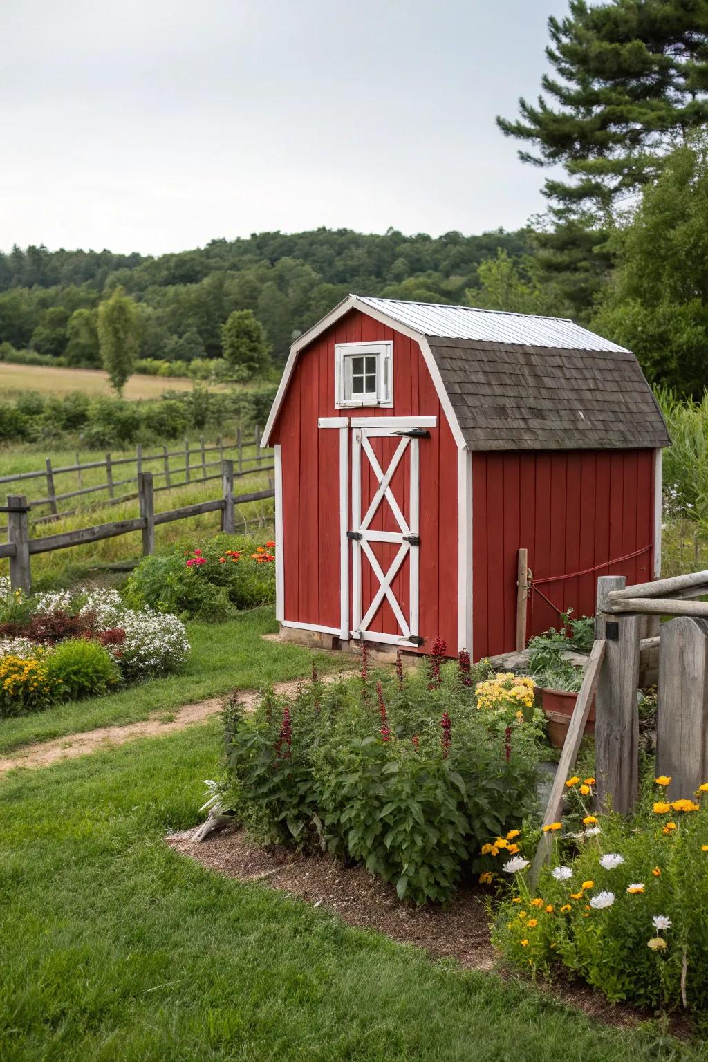 Bold red sheds evoke a barn-inspired design in your garden.