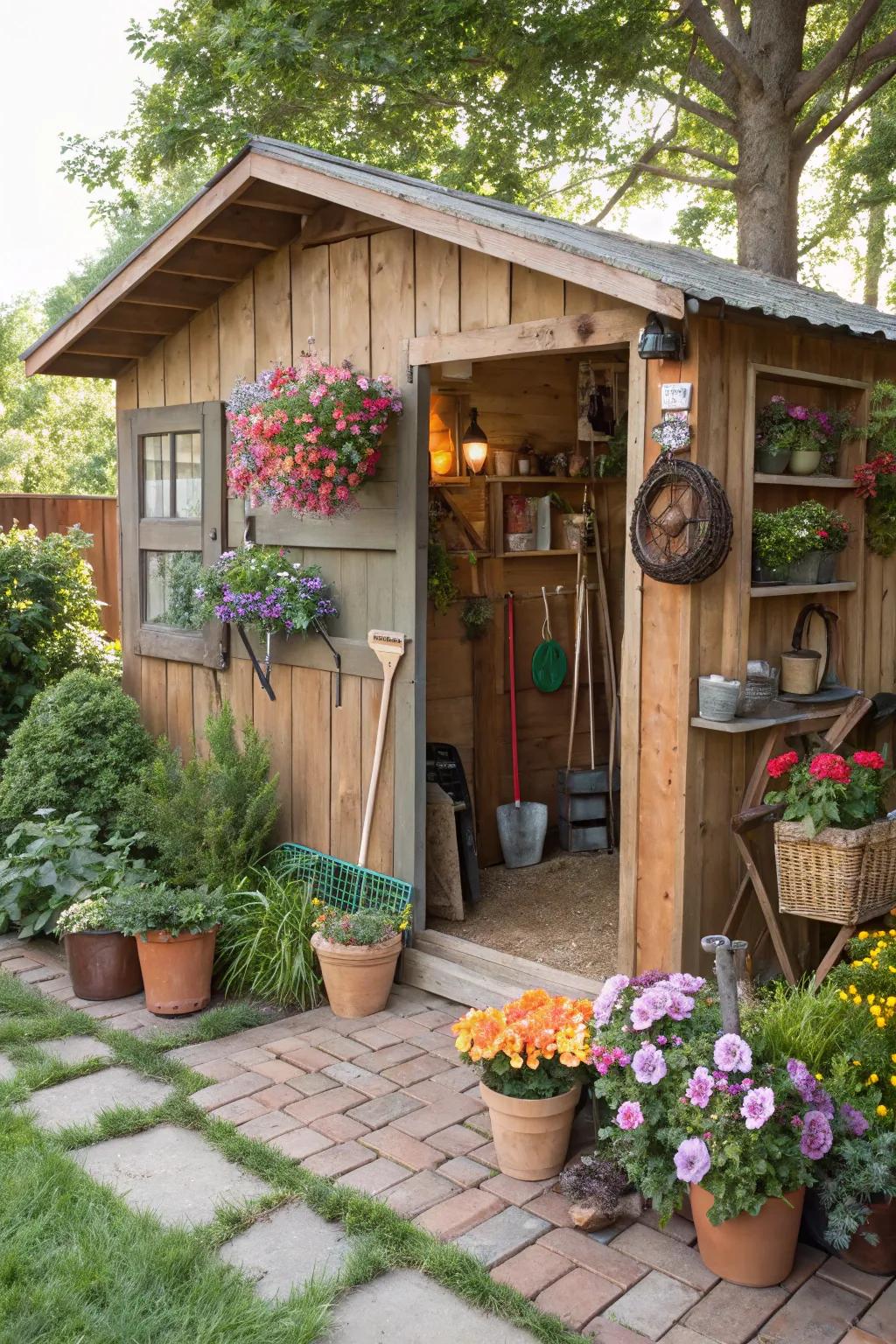 A gardener's haven showcasing plants and tools as décor within a shed.