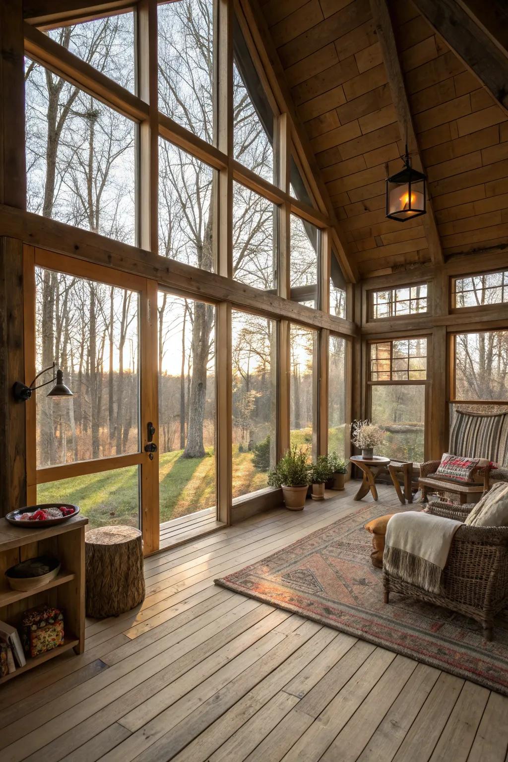 An airy garden shed home interior with expansive windows allowing for ample sunlight.