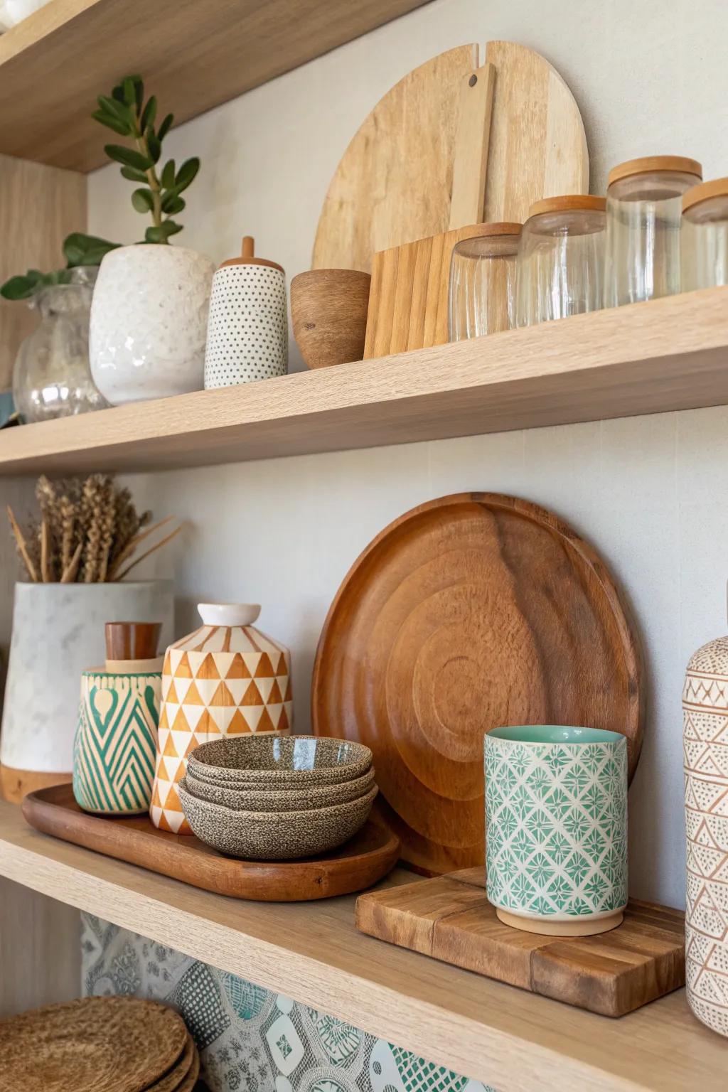 A combination of wood, glass, and ceramic elements enriches the shelf with texture.