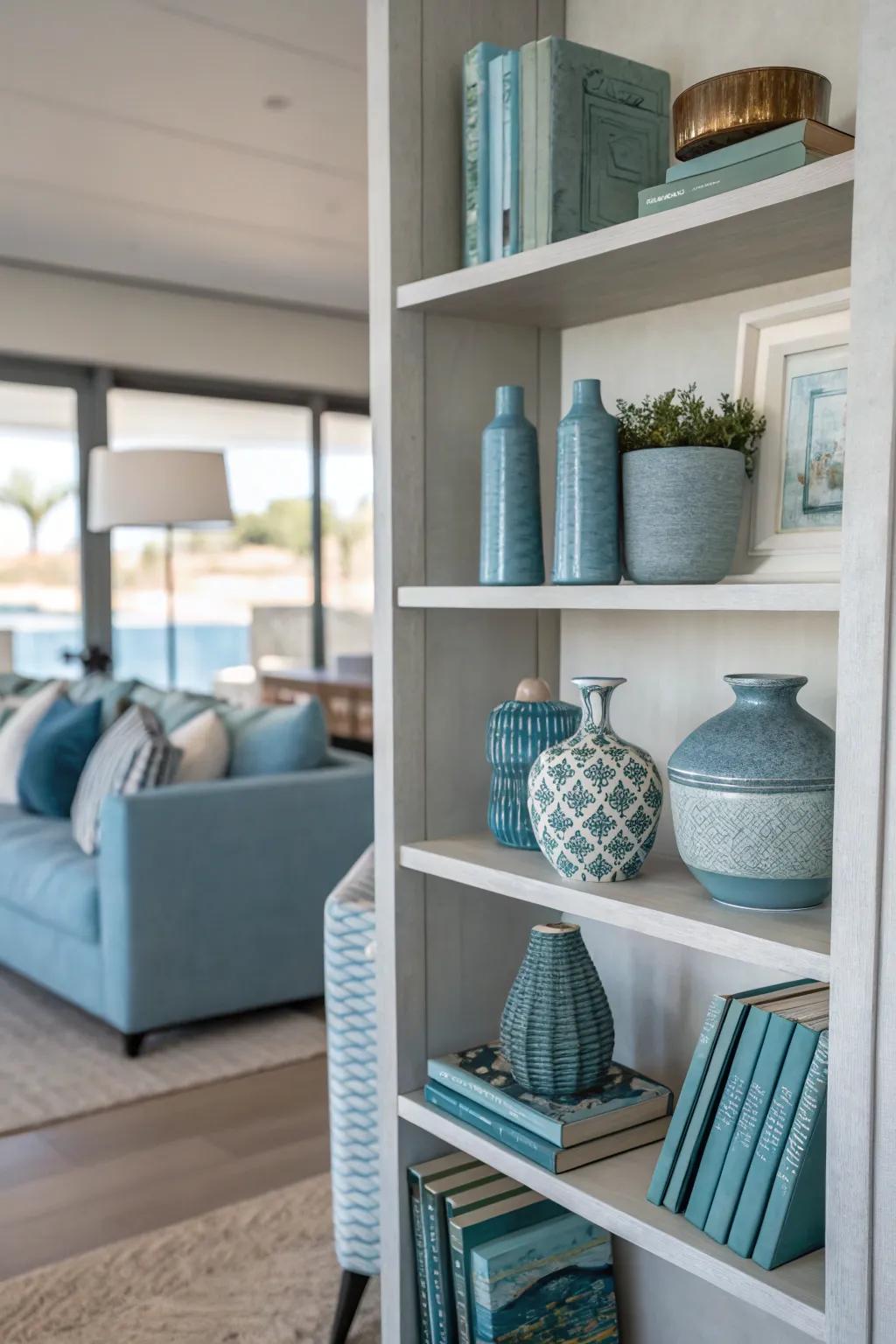 A unified color palette of blues and grays for a peaceful display shelf aesthetic.