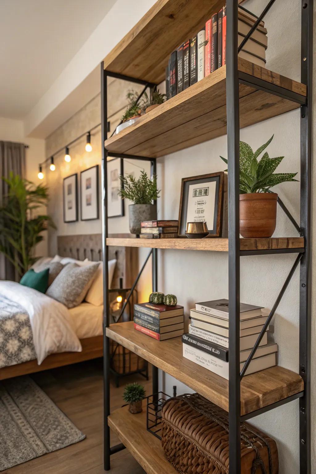 Shelves combining different materials add depth and tactile appeal.