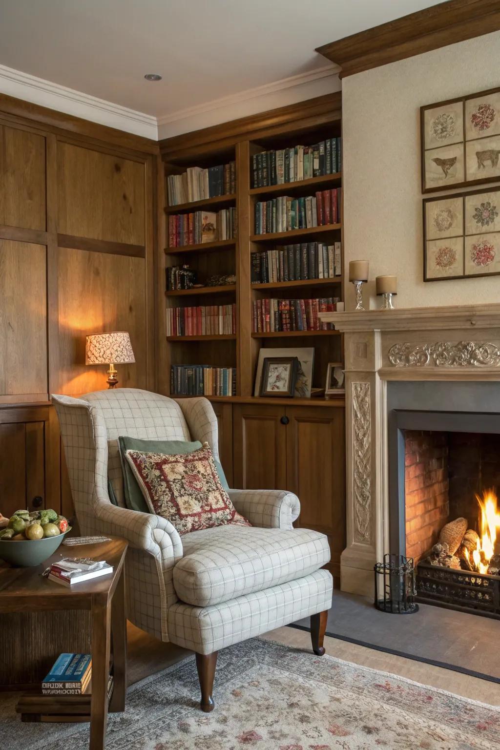 An intimate reading corner by the fireplace encourages relaxation.