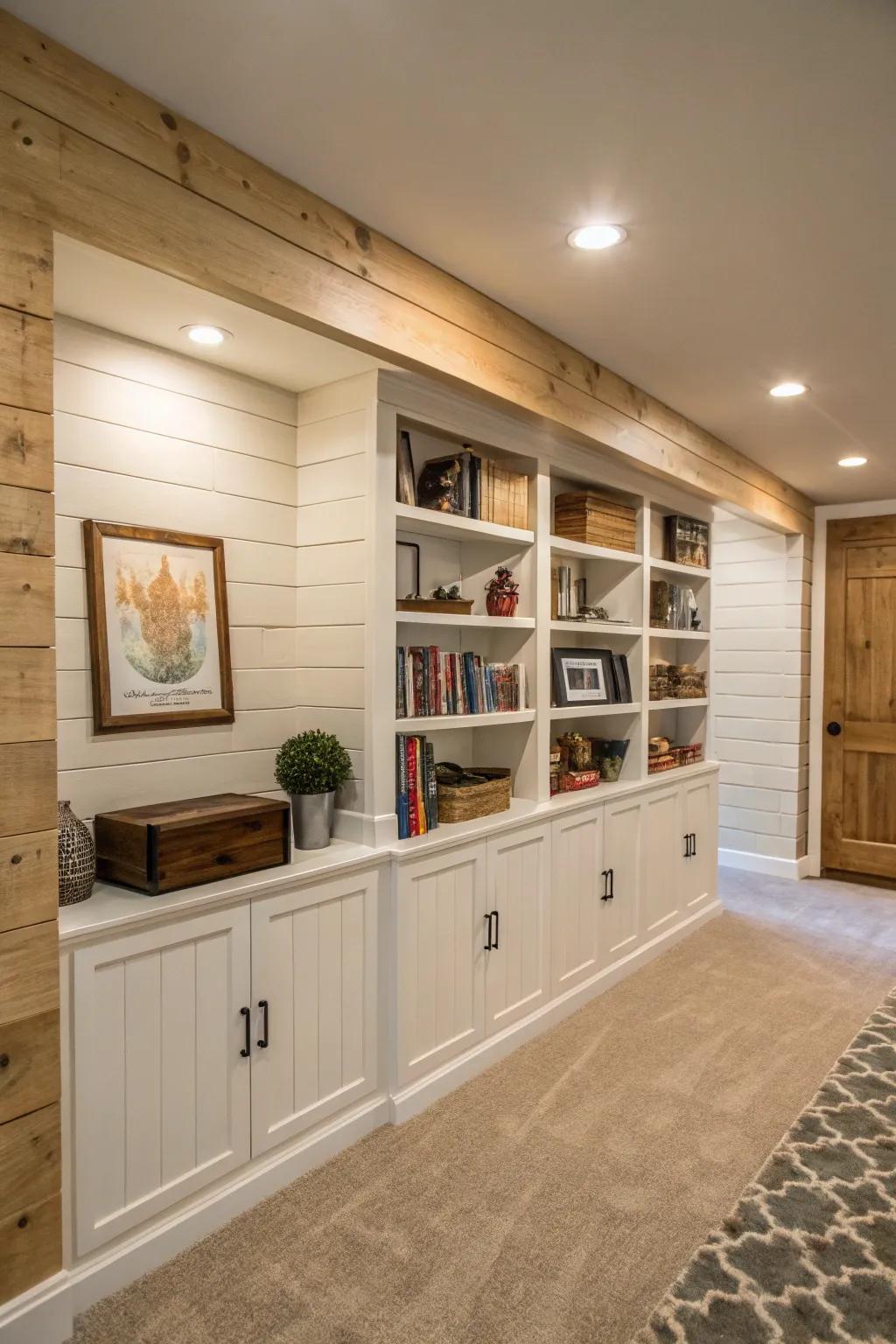 A grooveboard feature wall complete with integrated shelves elevates this basement.