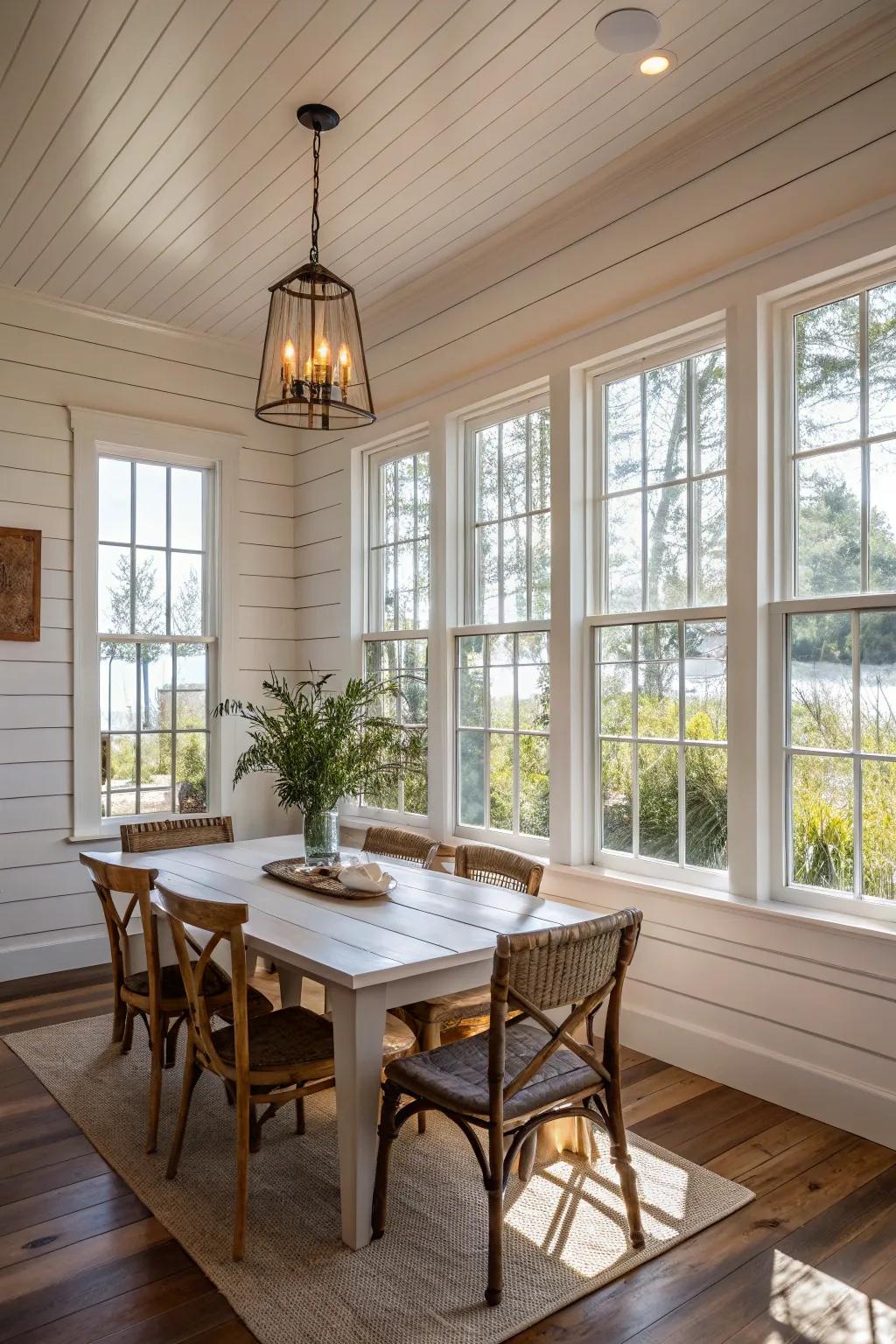 A sunny dining space filled with ample natural light and accented by shiplap walls.