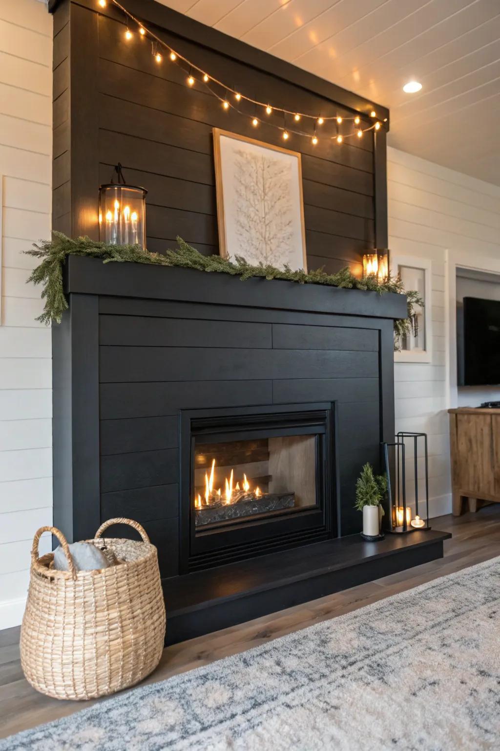 Striking charcoal shiplap fireplace crafting a contemporary statement.