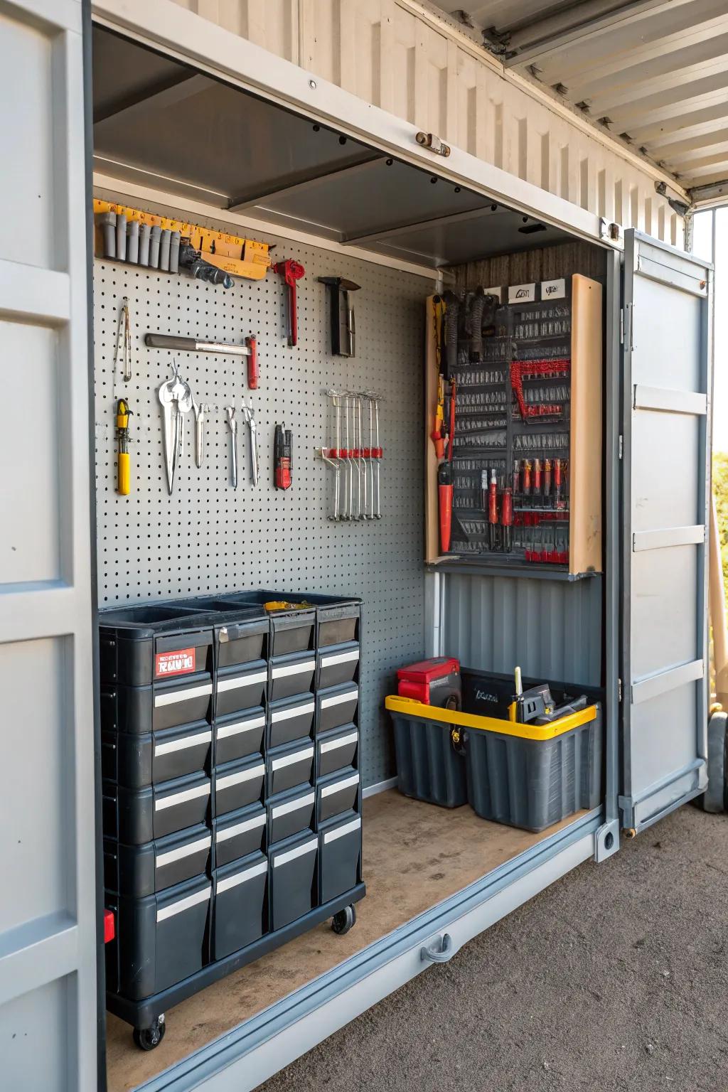 Organized tool storage using pegboards and containers.