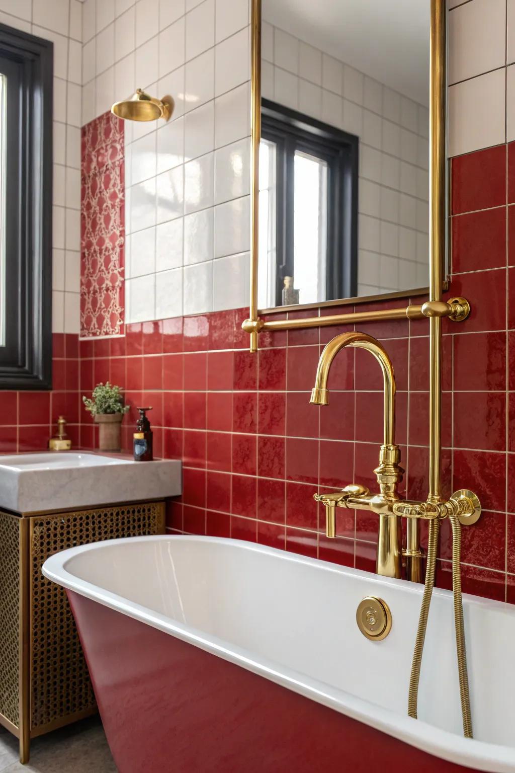 Intense color palettes with scarlet features and copper fixtures.