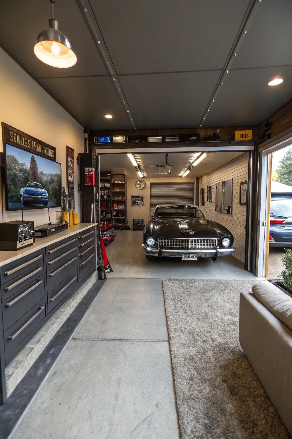 A garage setup provides both practicality and style.