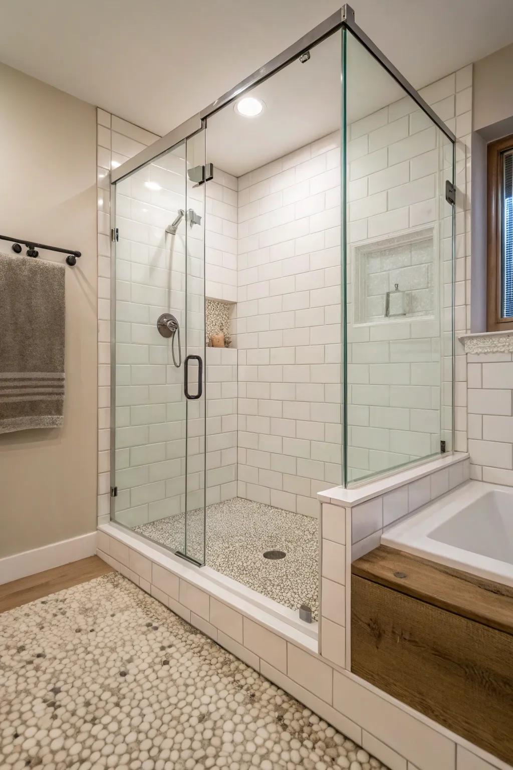 Glass surrounds paired with thoughtfully designed curbs foster a spacious and modern atmosphere.