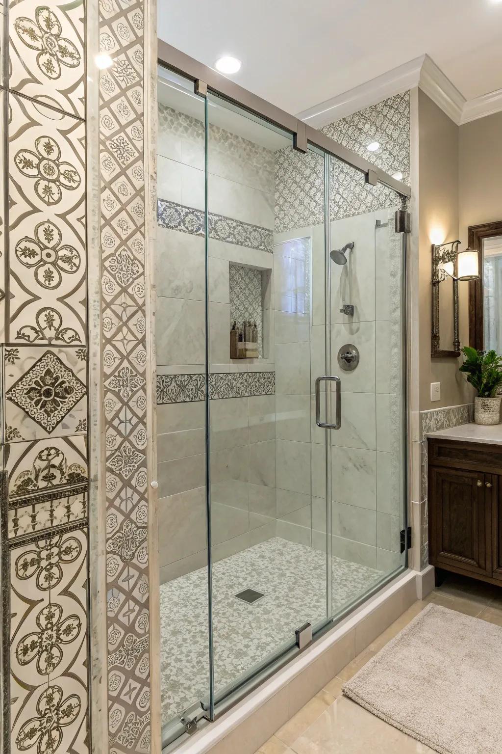 A shower featuring frameless glass doors and detailed tile artistry.