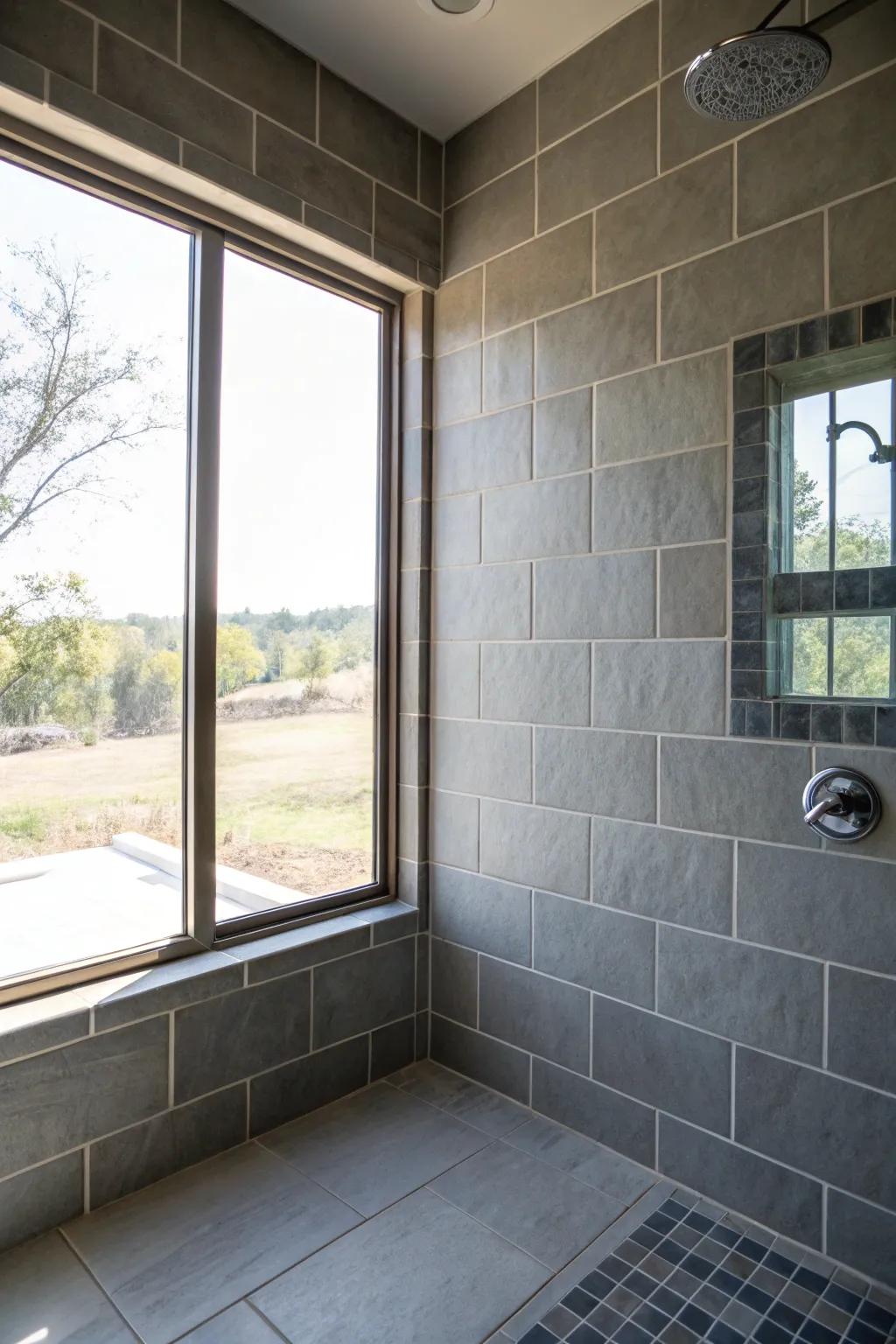 Sunlight enhancing grey tiles in a shower.