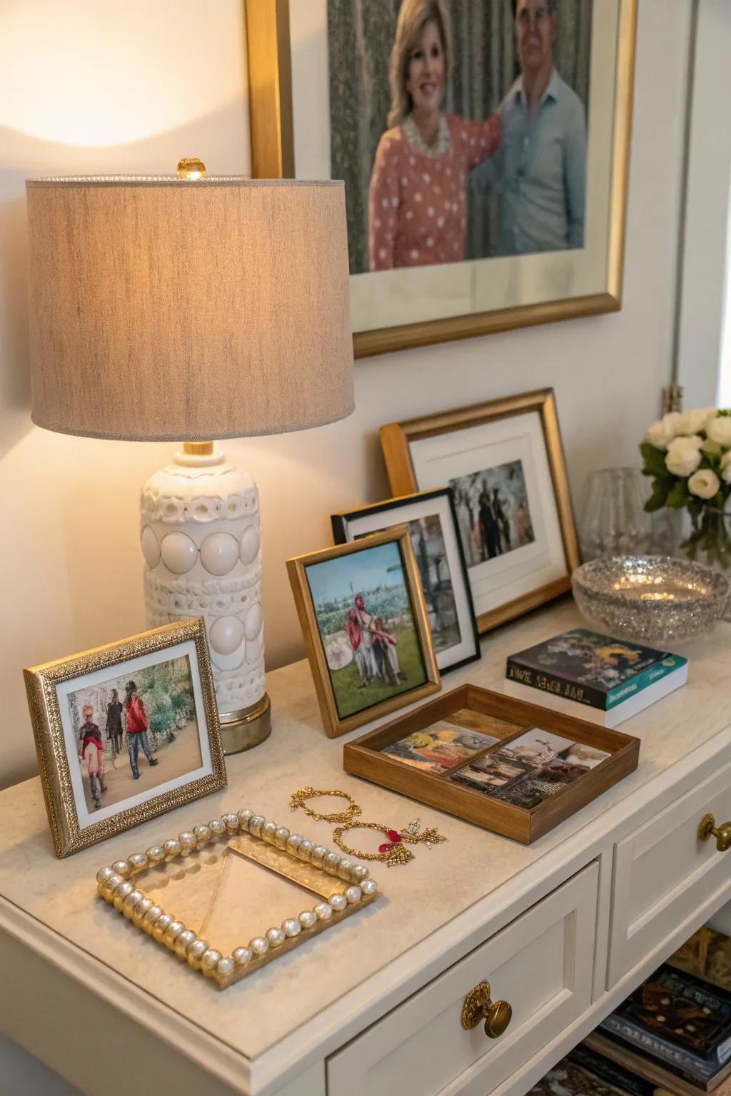 A customized side table featuring framed art and decor.