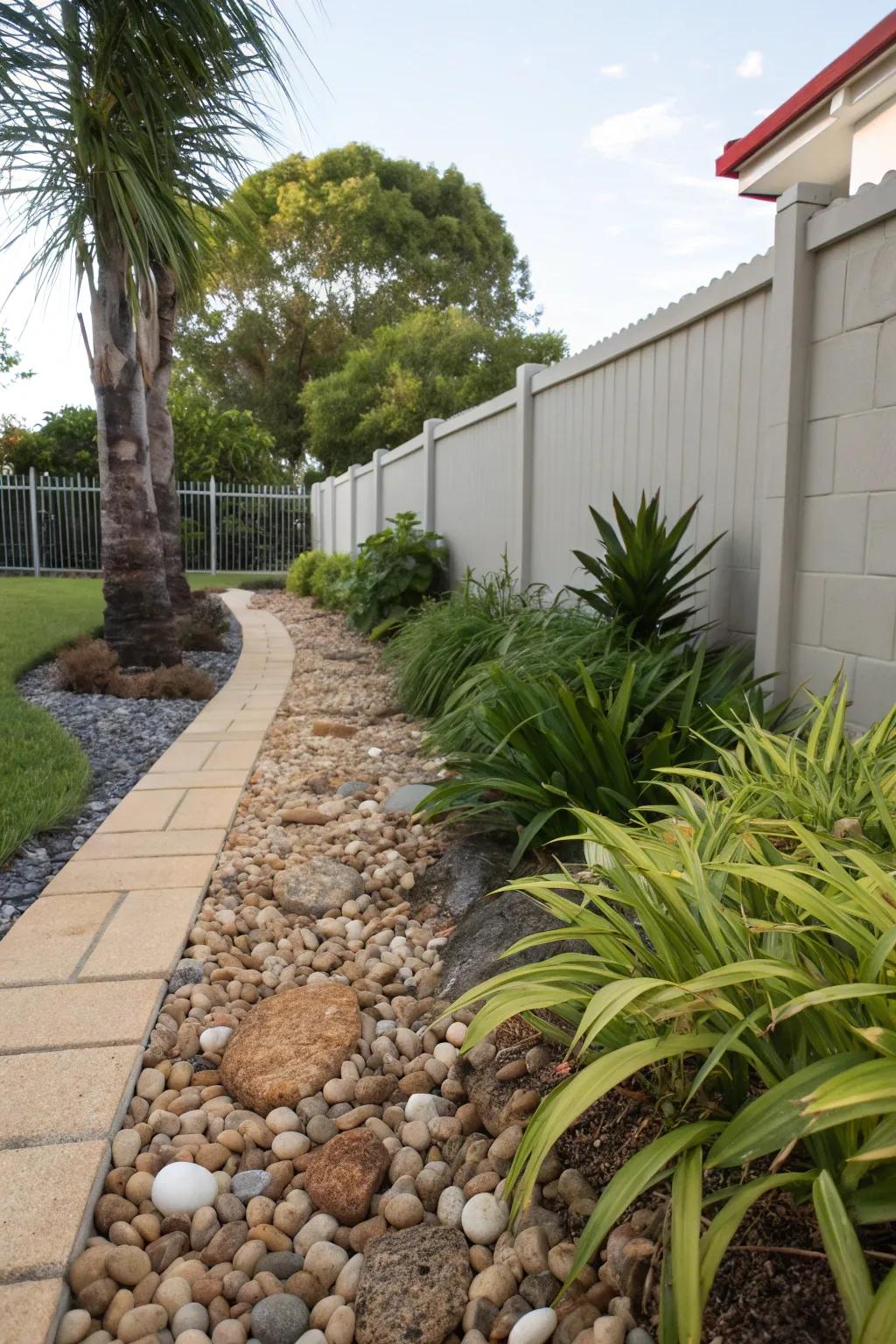 Ornamental stones deliver a modern, tidy substitute for grass in your side yard.