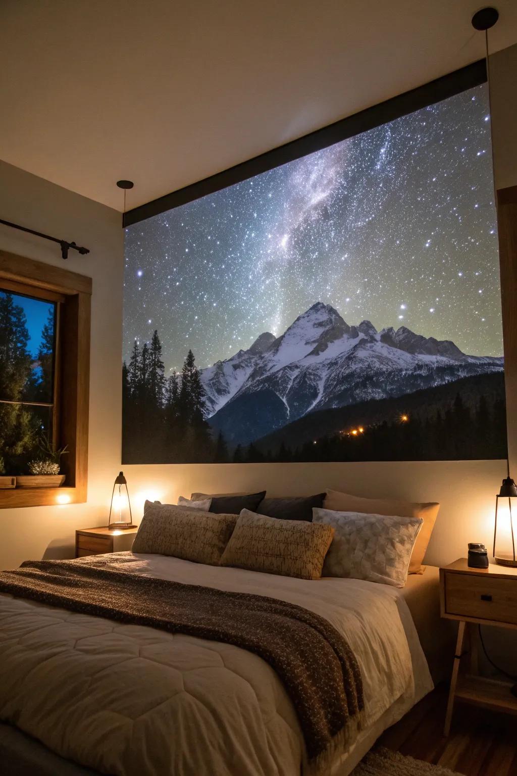 Mountain silhouette art gives a bedroom a feeling of openness.