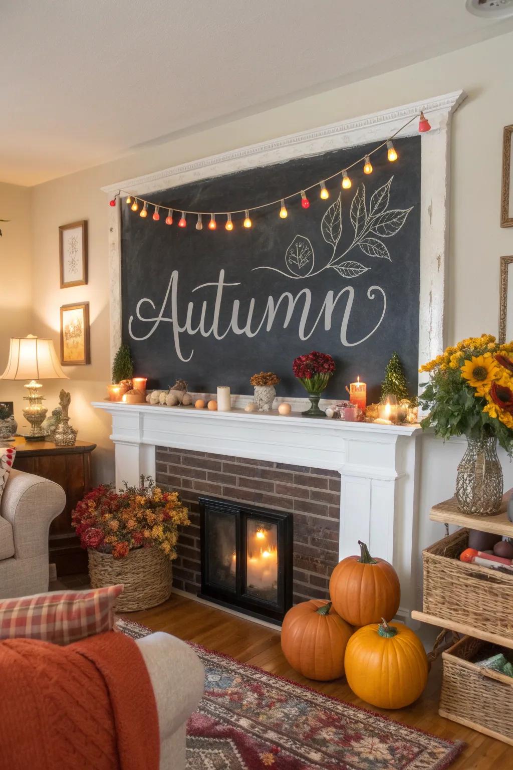 A living room chalkboard featuring an autumn-themed quote.