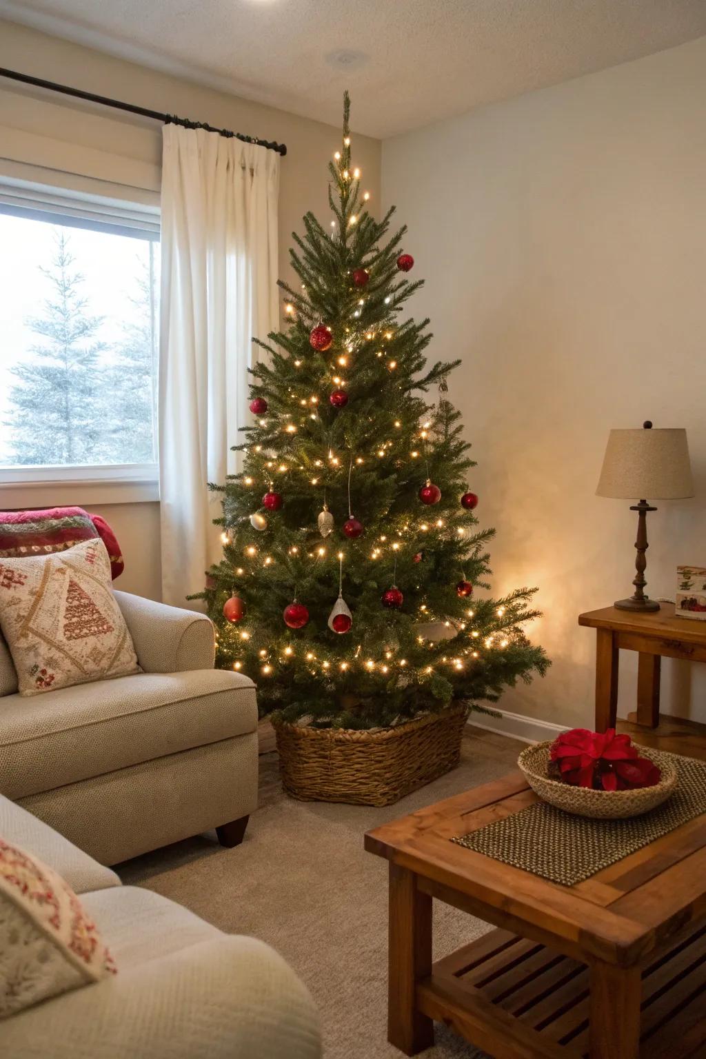Small footprint, grand effect: a compact festive tree.