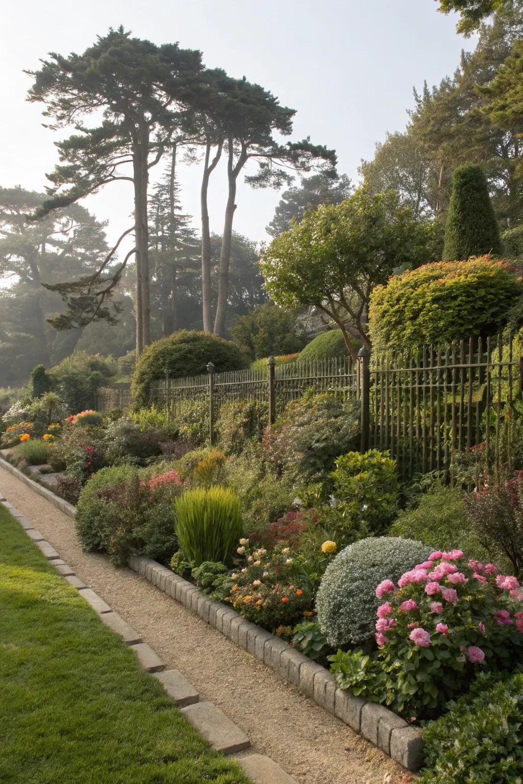 Layered plantings add depth and dimension to simple fence lines.