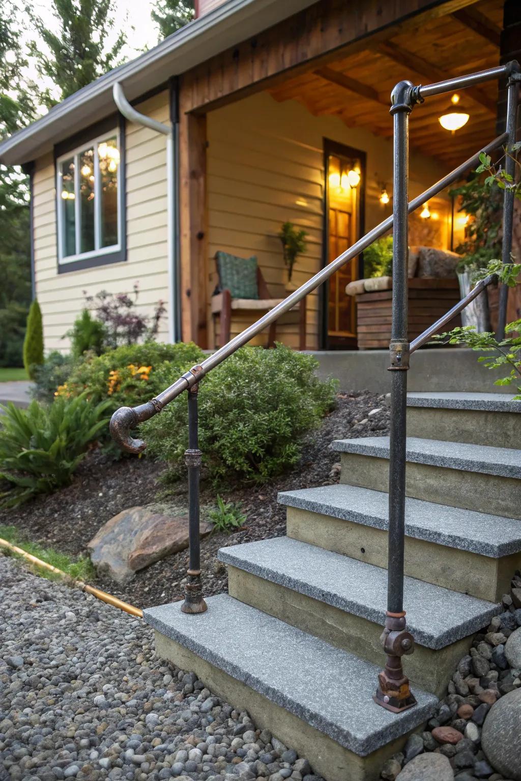 DIY pipe railings introduce an industrial touch to outdoor steps.